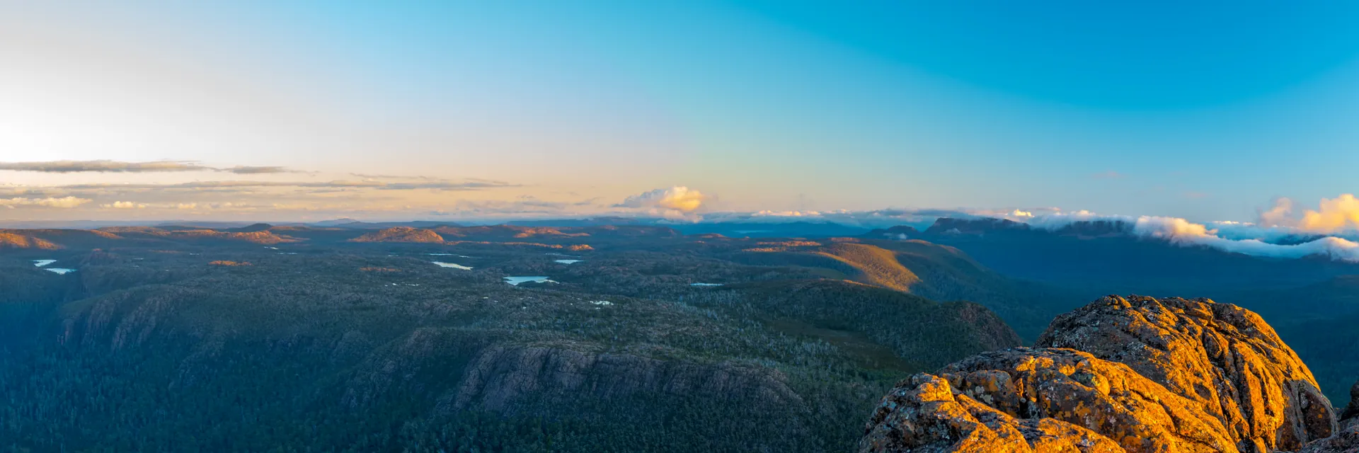 Sunrise on the Central Plateau, Tasmania, looking out over dolerite escarpment and lakes