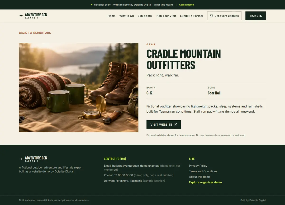 A single exhibitor page with logo, description and photos