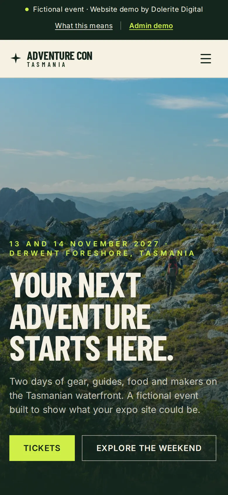 Adventure Con Tasmania demo expo home page on a phone