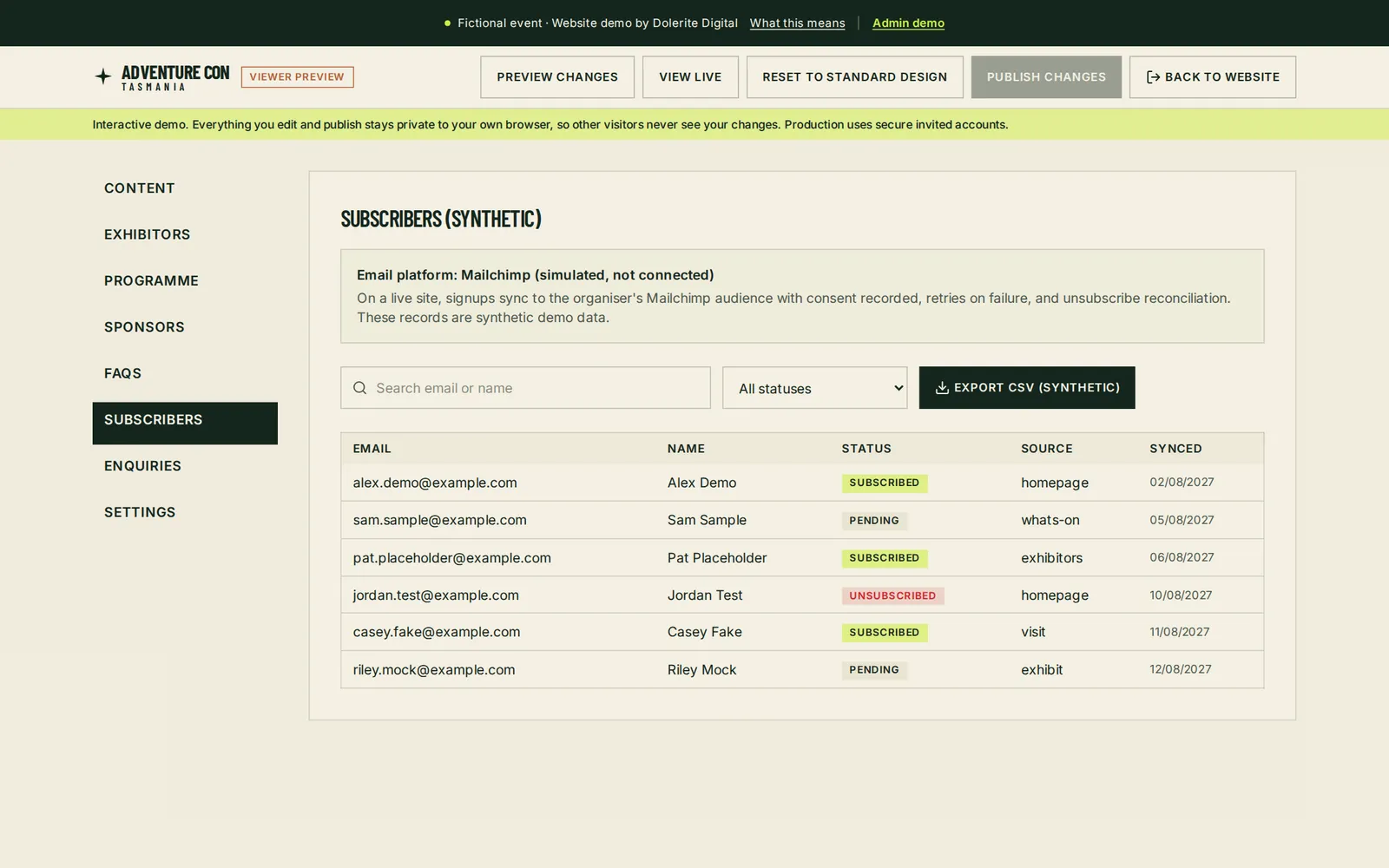 Organiser area list of email signups ready for Mailchimp