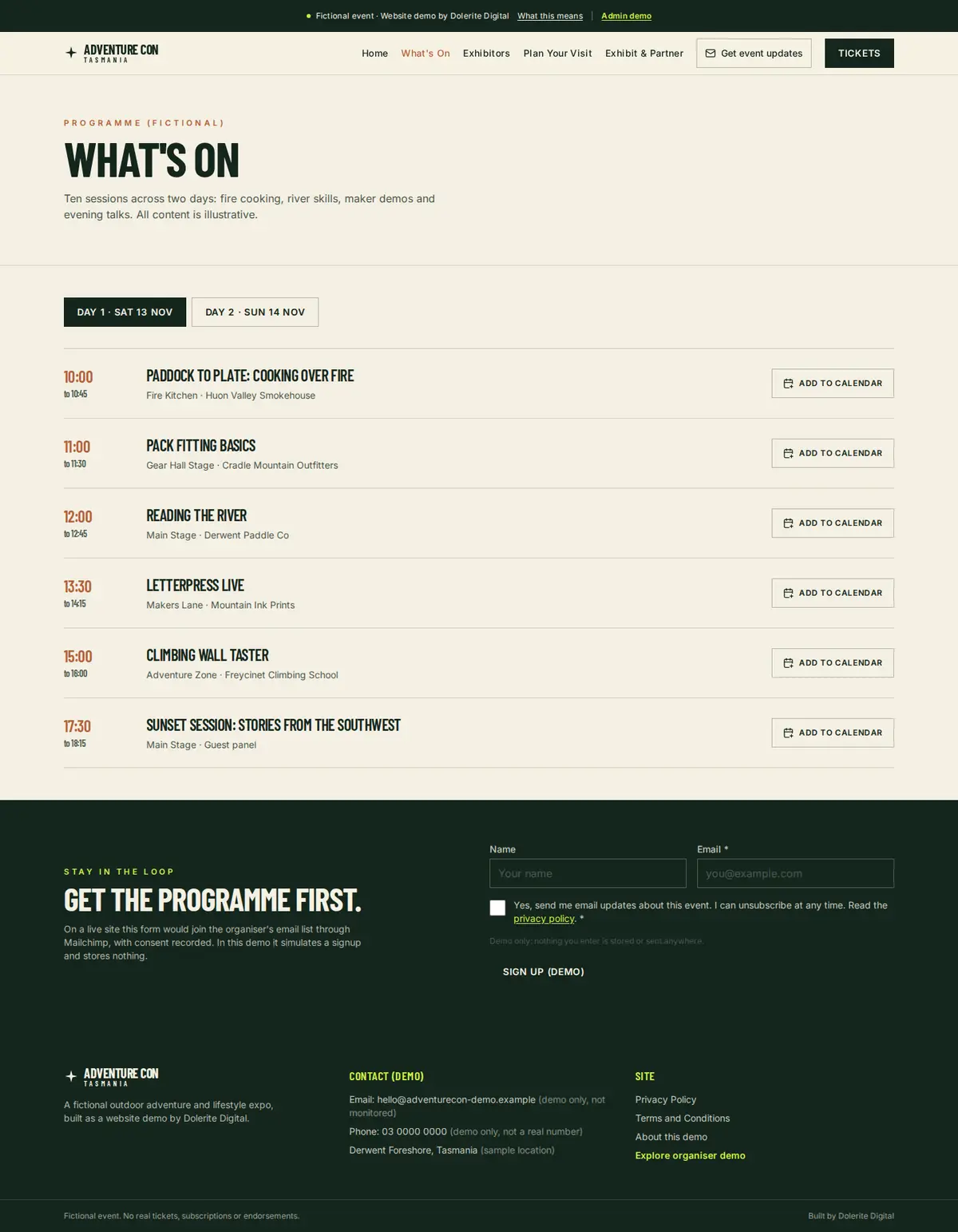 Event programme listed by day with add to calendar buttons