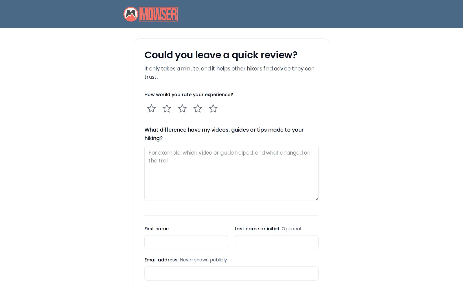 Warmwords review form branded for Mowser, with star rating and message fields