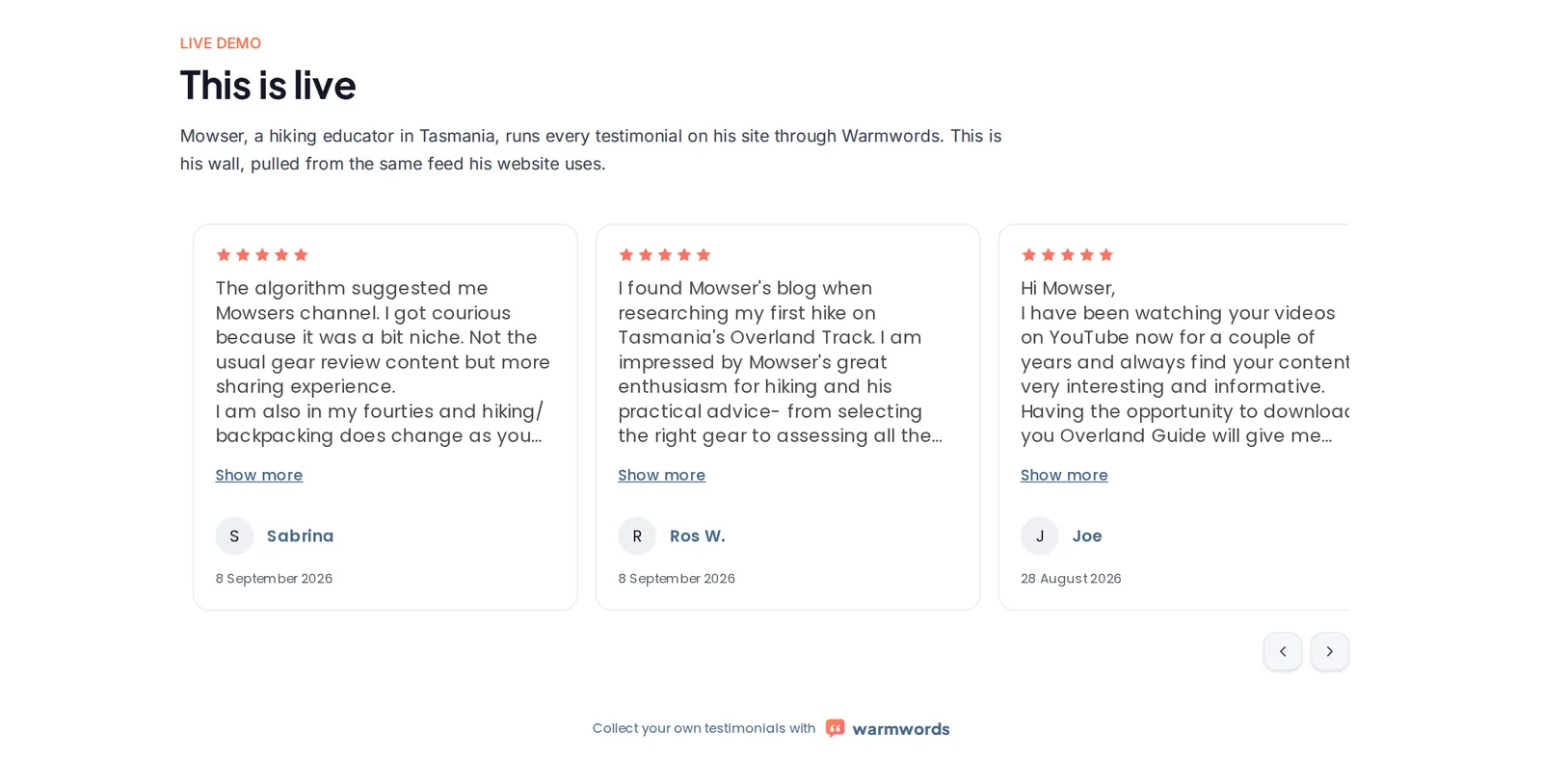 Warmwords testimonial wall showing approved reviews for Mowser